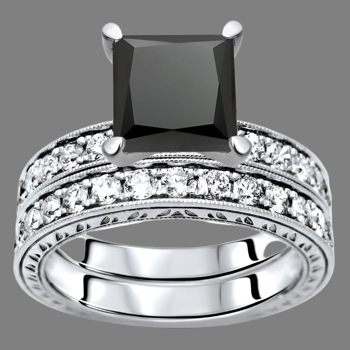 3 Carat Black Princess Cut Diamond Engagement Ring Bridal Set 14K White Solid Gold