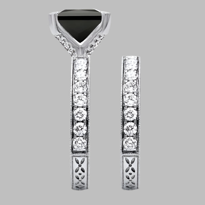 3 Carat Black Princess Cut Diamond Engagement Ring Bridal Set 14K White Solid Gold