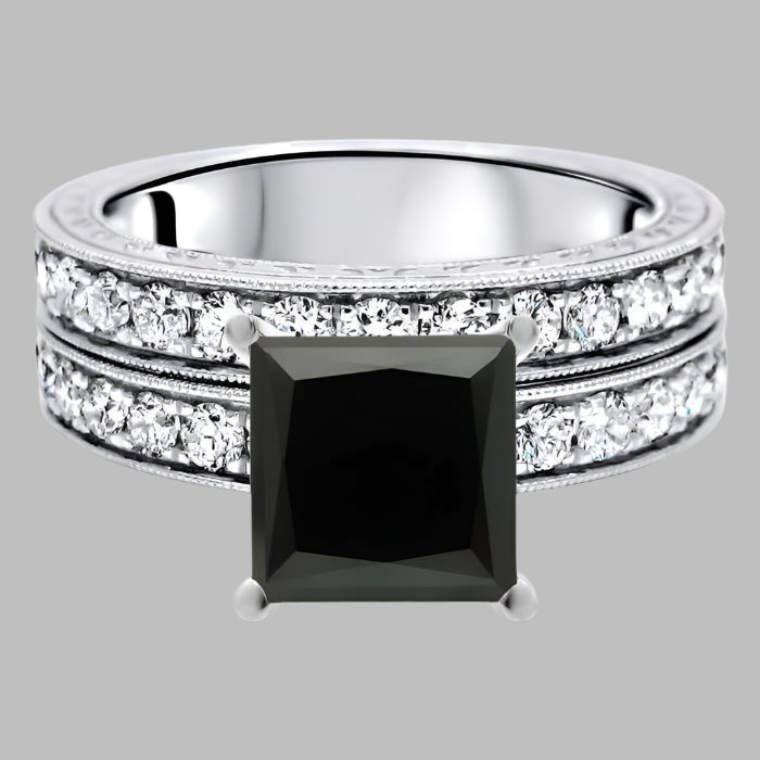 3 Carat Black Princess Cut Diamond Engagement Ring Bridal Set 14K White Solid Gold