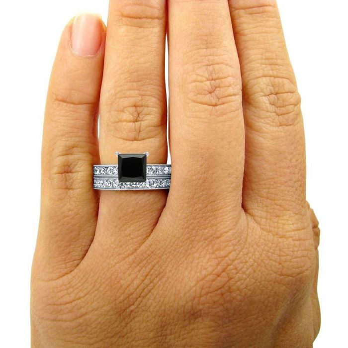 3 Carat Black Princess Cut Diamond Engagement Ring Bridal Set 14K White Solid Gold