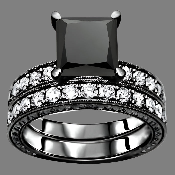 3 Carat Black Princess Cut Diamond Engagement Ring Bridal Set 14K Black Gold