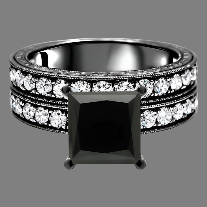 3 Carat Black Princess Cut Diamond Engagement Ring Bridal Set 14K Black Gold