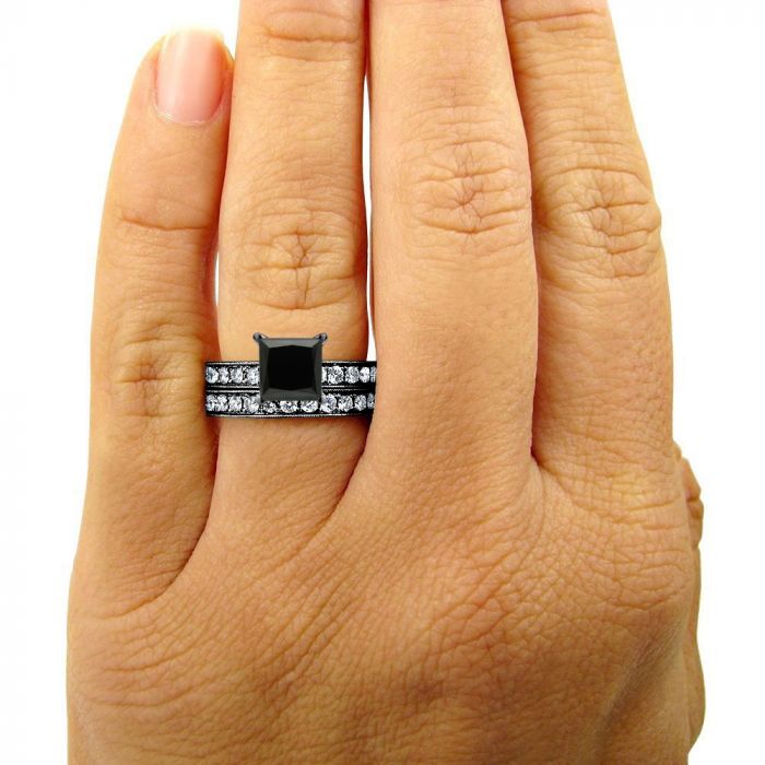 3 Carat Black Princess Cut Diamond Engagement Ring Bridal Set 14K Black Gold