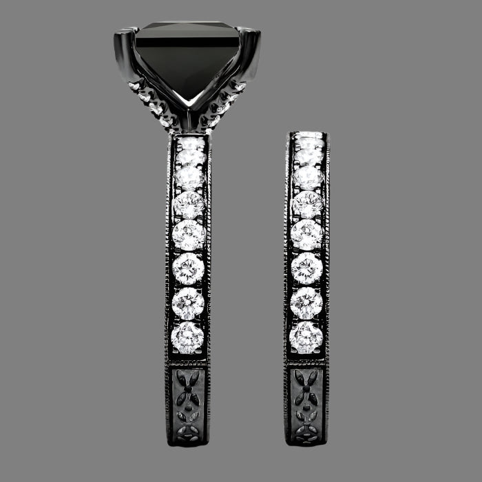 3 Carat Black Princess Cut Diamond Engagement Ring Bridal Set 14K Black Gold