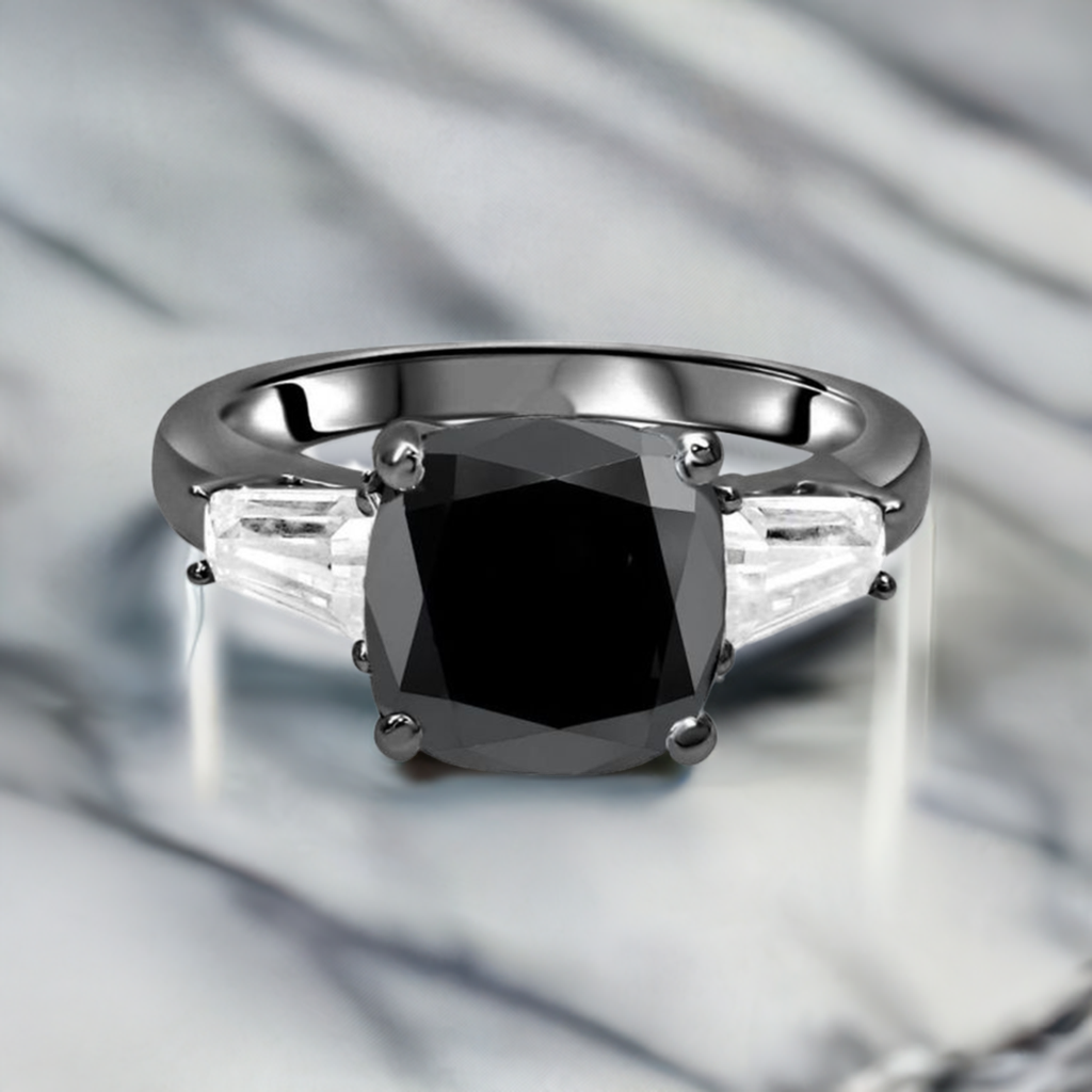 3ct Black Cushion Cut Diamond 3 Stone Tapered Baguette Engagement Ring 14K Black Gold