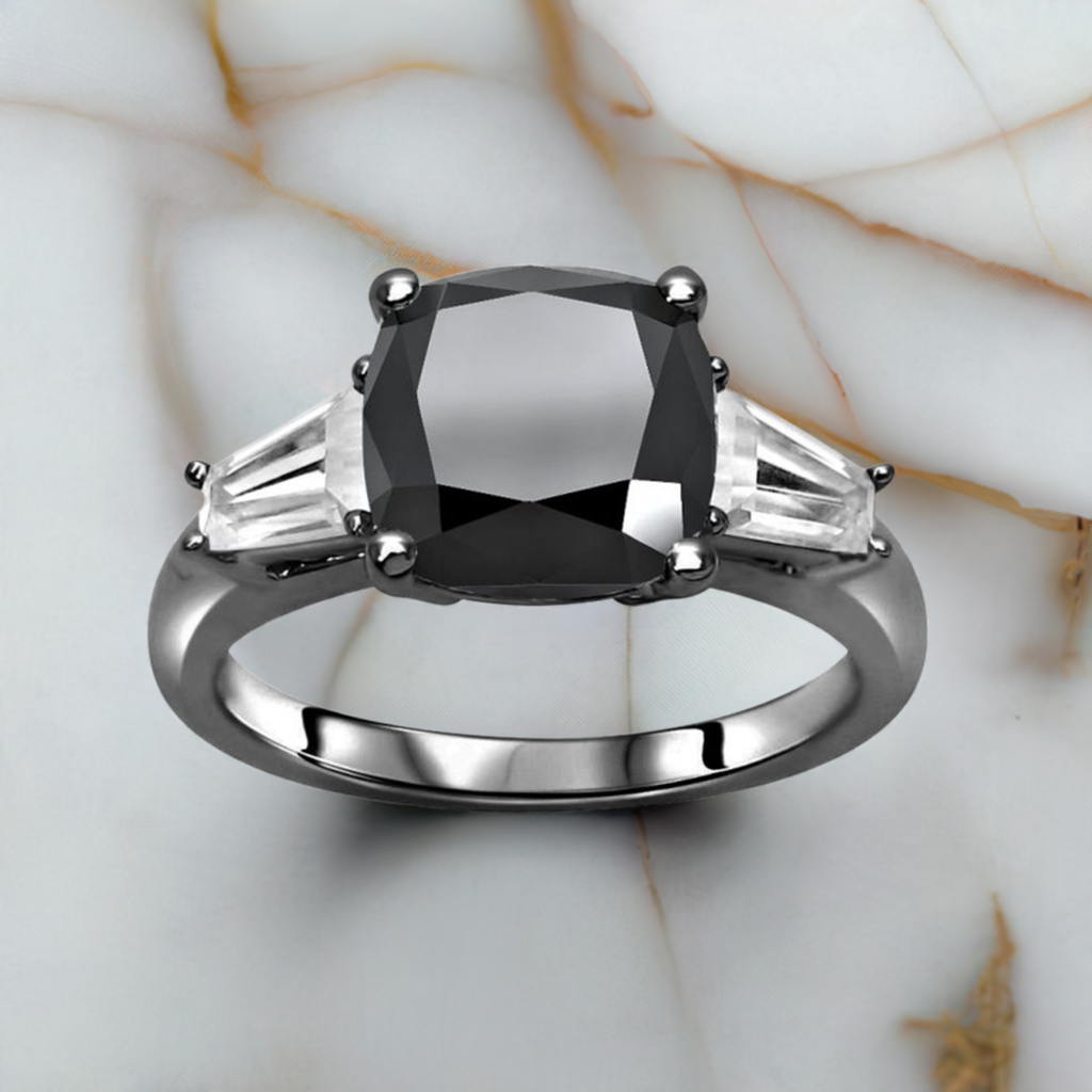 3.15ct Black Cushion Cut Diamond 3 Stone Tapered Baguette Engagement Ring 14K Solid Black Gold