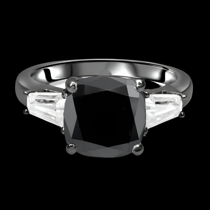 3.15ct Black Cushion Cut Diamond 3 Stone Tapered Baguette Engagement Ring 14K Solid Black Gold