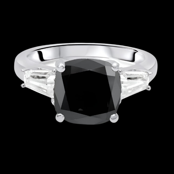 3.15ct Black Cushion Cut Diamond 3 Stone Tapered Baguette Engagement Ring 14K Solid Black Gold
