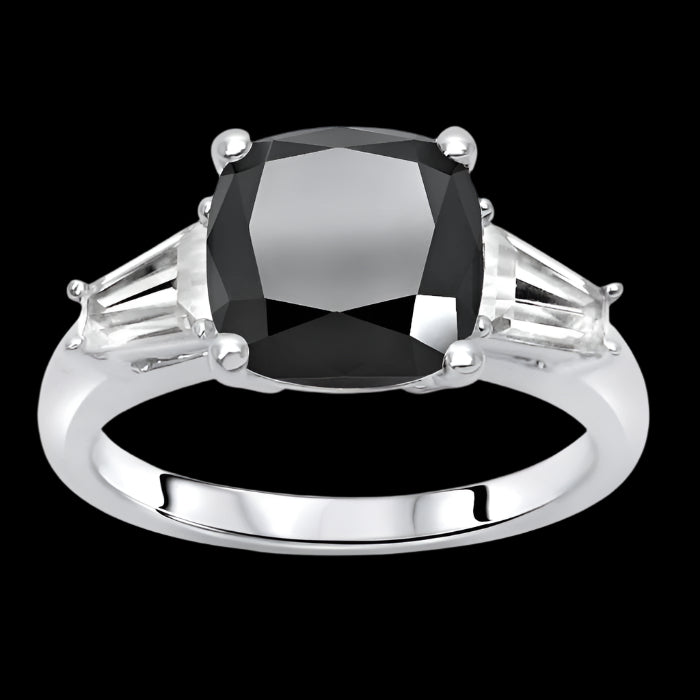 3.15ct Black Cushion Cut Diamond 3 Stone Tapered Baguette Engagement Ring 14K Solid Black Gold