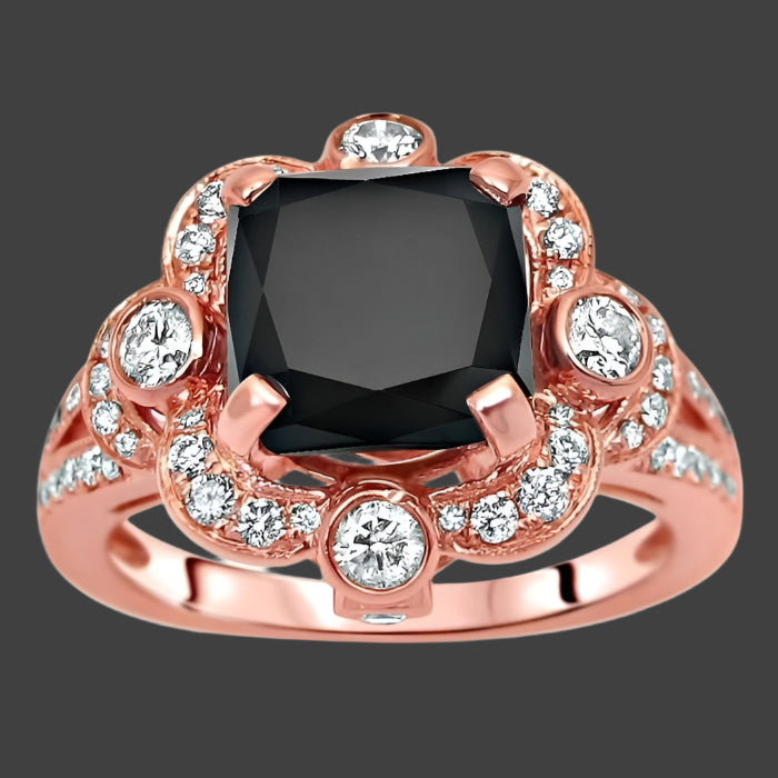 3.30 Carat Black Cushion Cut Diamond Engagement Ring 14K Solid Rose Gold Vintage Style