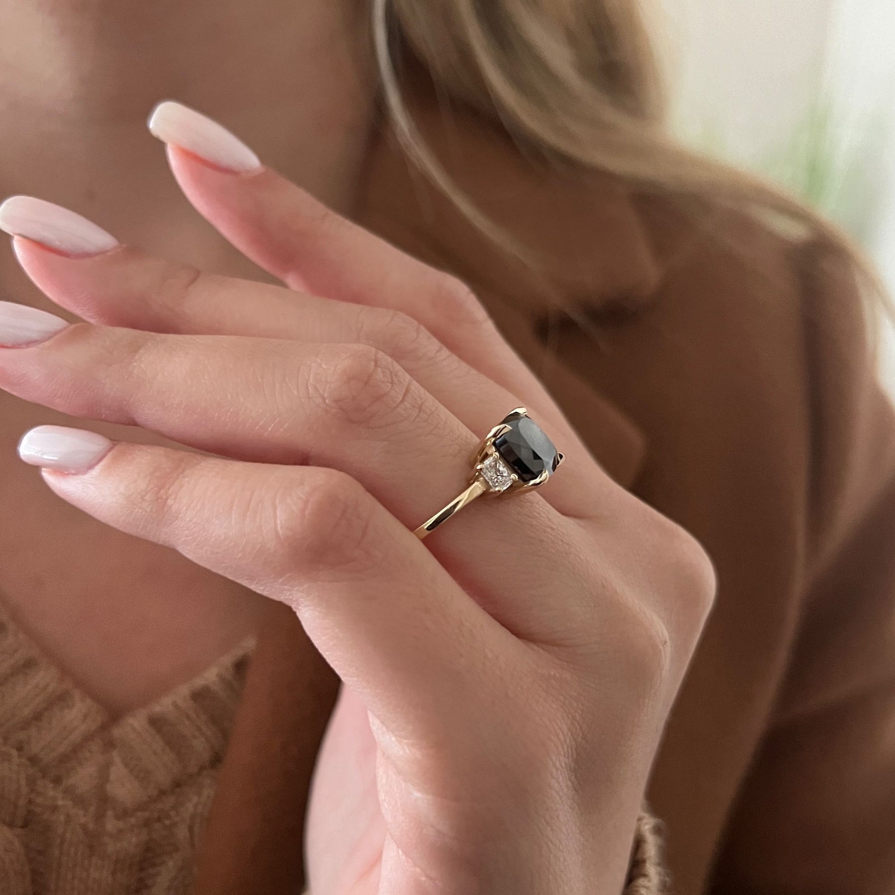 3.50 Carats Three Stone Natural Black Diamond Cushion Engagement Ring in 14K Yellow Gold
