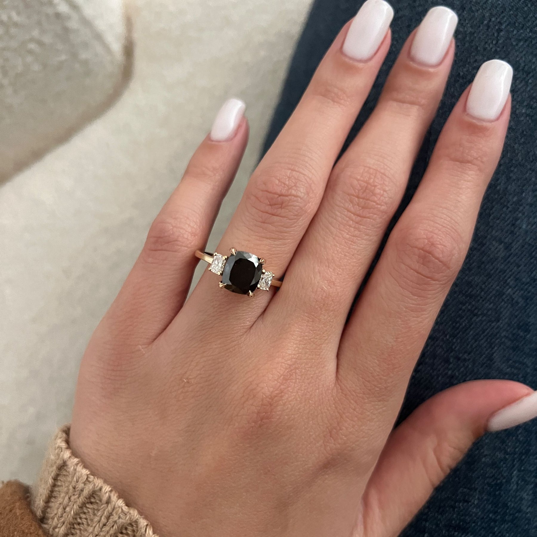 3.50 Carats Three Stone Natural Black Diamond Cushion Engagement Ring in 14K Yellow Gold