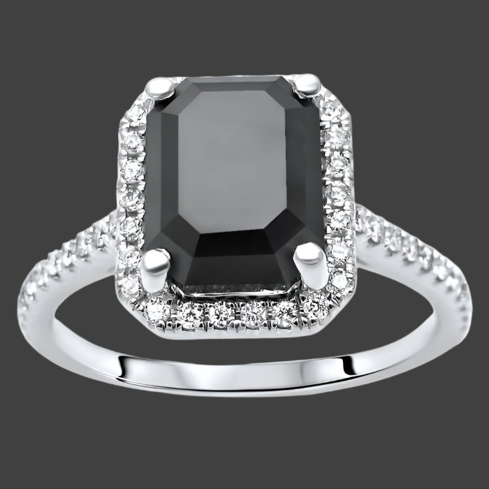 3.50ct Emerald Cut Black Diamond Halo Engagement Ring 14K White Gold