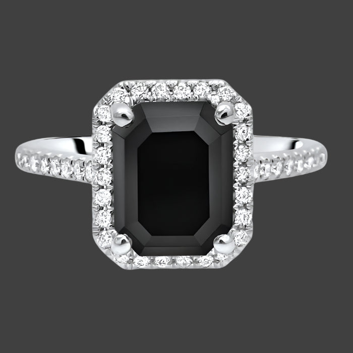 3.50ct Emerald Cut Black Diamond Halo Engagement Ring 14K White Gold