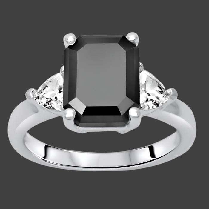 3.50ct Black Emerald Cut Diamond 3 Stone Trillion White Sapphire Engagement Ring 14k White Gold
