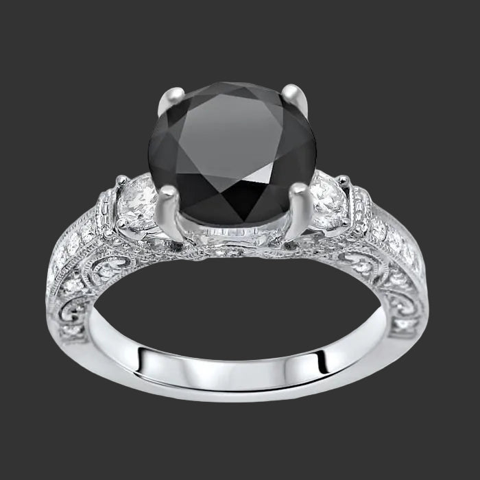 3.10 Carat Black Diamond Round 3 Stone Vintage Style Engagement Ring 14K White Gold