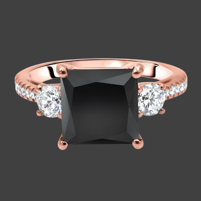 3 Stone Princess Black Diamond Engagement Ring Bridal Set 14k Rose Gold