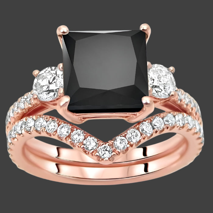 4 Carat 3 Stone Princess Cut Black Diamond Engagement Ring Bridal Set 14k Rose Gold