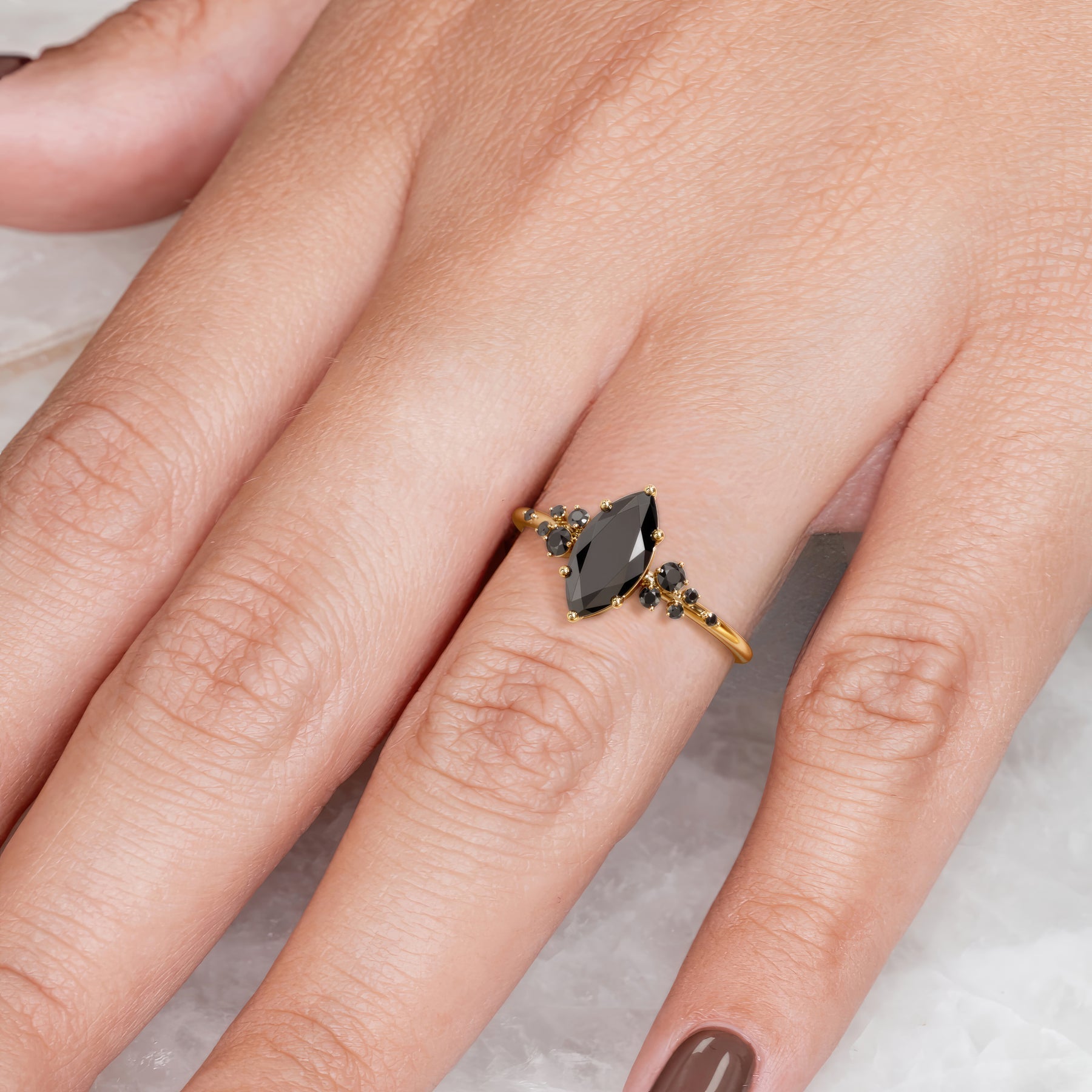 2.60 Carat Marquise Black Diamond Engagement Ring Pave 14K Solid Yellow Gold