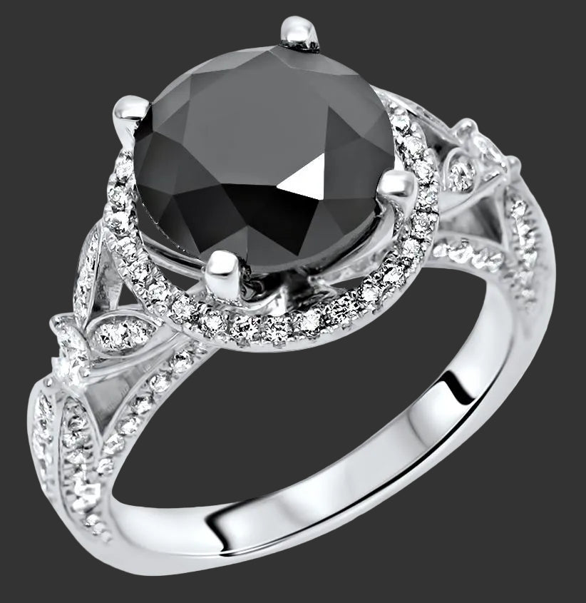 3ct Round Black Diamond Halo Engagement Ring 18k White Gold