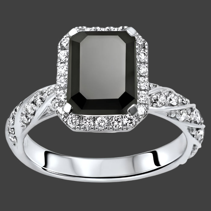 3ct Black Emerald Cut Diamond Halo Engagement Ring 14k White Gold