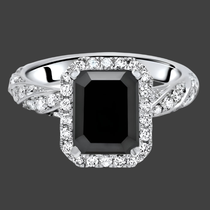 3ct Black Emerald Cut Diamond Halo Engagement Ring 14k White Gold