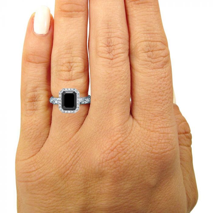 3ct Black Emerald Cut Diamond Halo Engagement Ring 14k White Gold