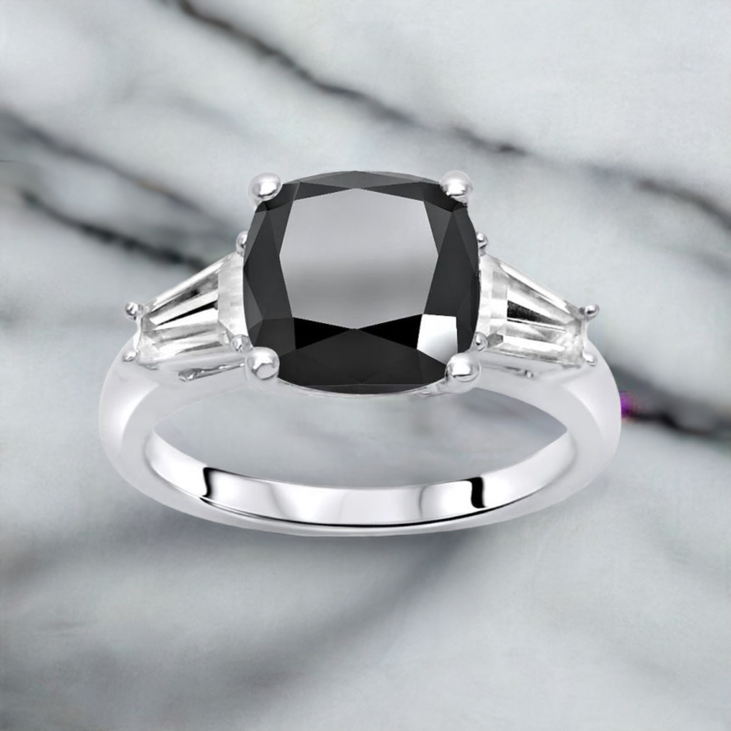 3ct Black Cushion Cut Diamond 3 Stone Tapered Baguette Engagement Ring 14K Gold