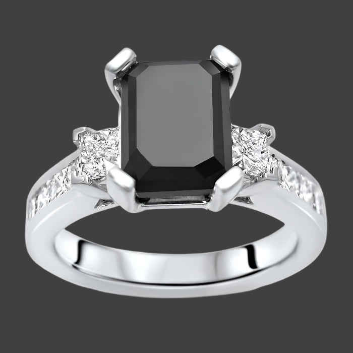 4.20ct Black 3 Stone Emerald Cut Diamond Engagement Ring 14k White Gold
