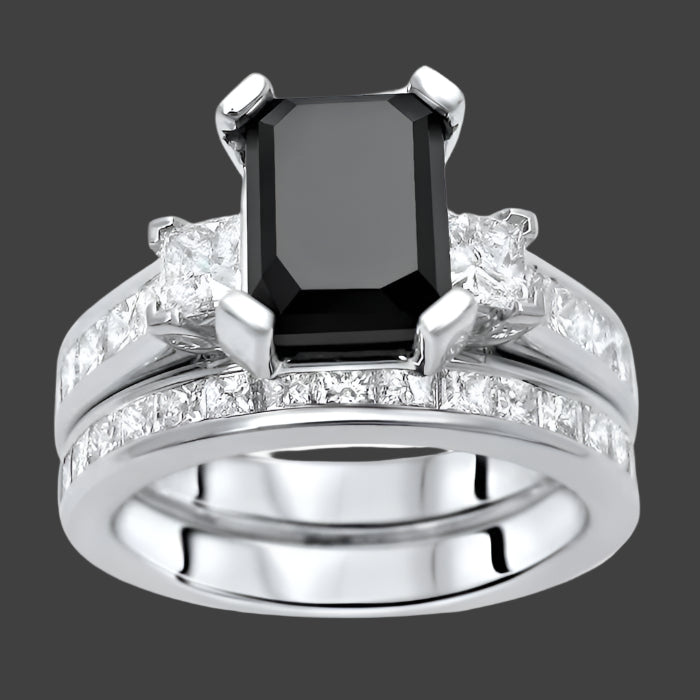 4.20ct Black Emerald Cut 3 Stone Diamond Engagement Ring Bridal Set 14k White Gold