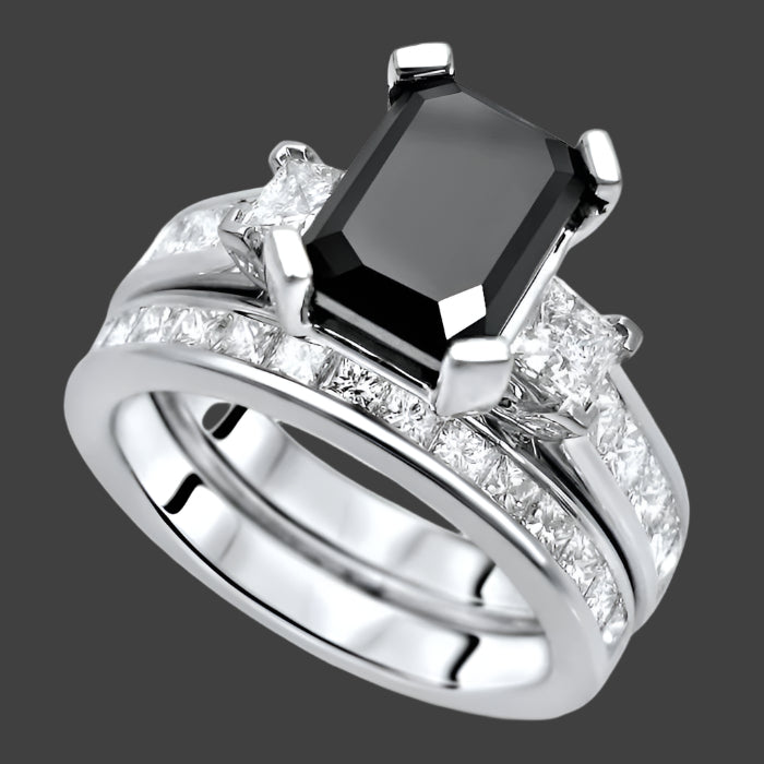 5ct Black Emerald Cut 3 Stone Diamond Engagement Ring Bridal Set 14k White Gold