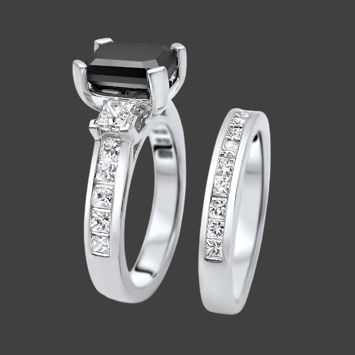 5ct Black Emerald Cut 3 Stone Diamond Engagement Ring Bridal Set 14k White Gold