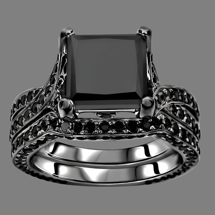 4.30 Carat Black Princess Cut Diamond Engagement Ring Bridal Set 14K Black Gold