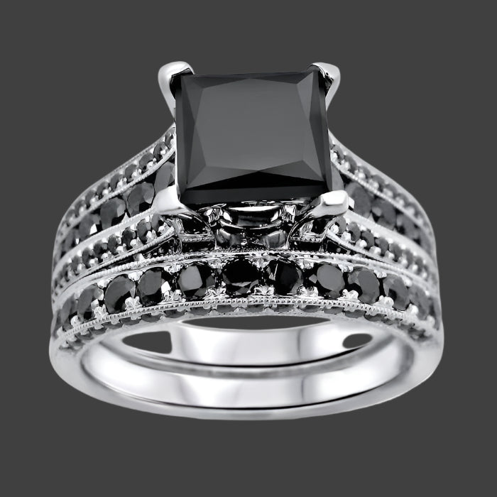 Black Princess Cut Diamond Engagement Ring Pave Bridal Set 14K White Solid Gold