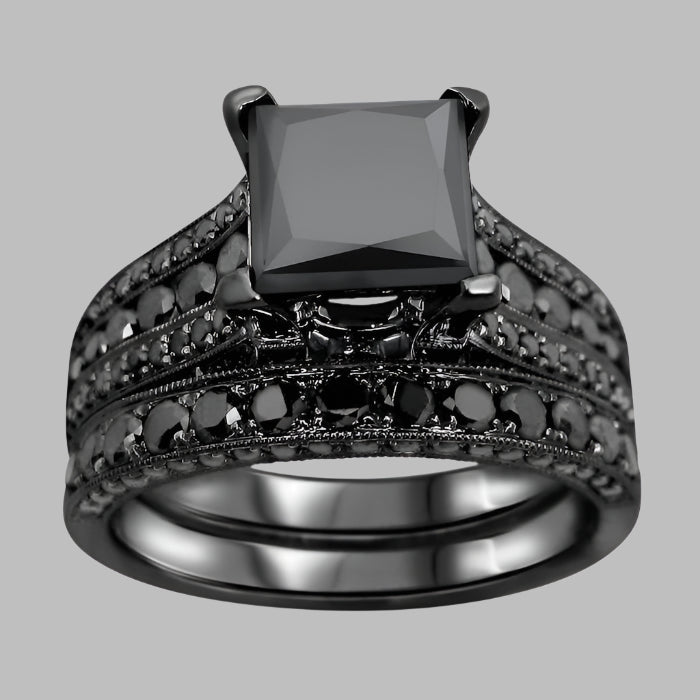 4 Carat Black Princess Cut Diamond Engagement Ring Pave Bridal Set 14K Black Gold