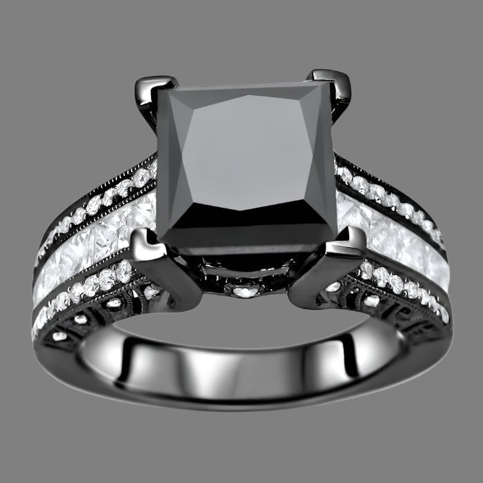 4.50 Carat Black Princess Cut Diamond Engagement Ring 14K Black Gold