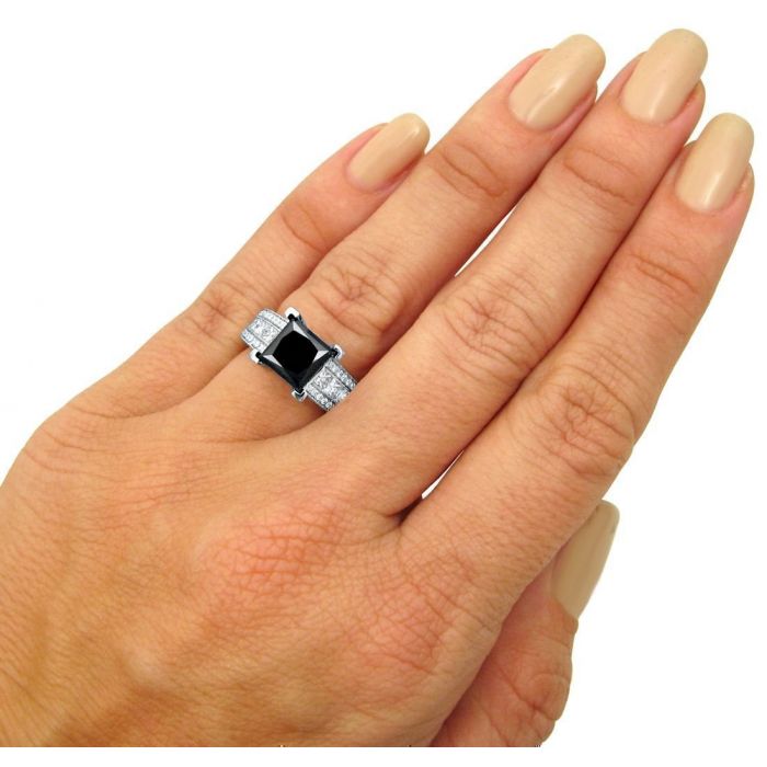 Black Princess Cut Diamond Engagement Ring 14K White Gold