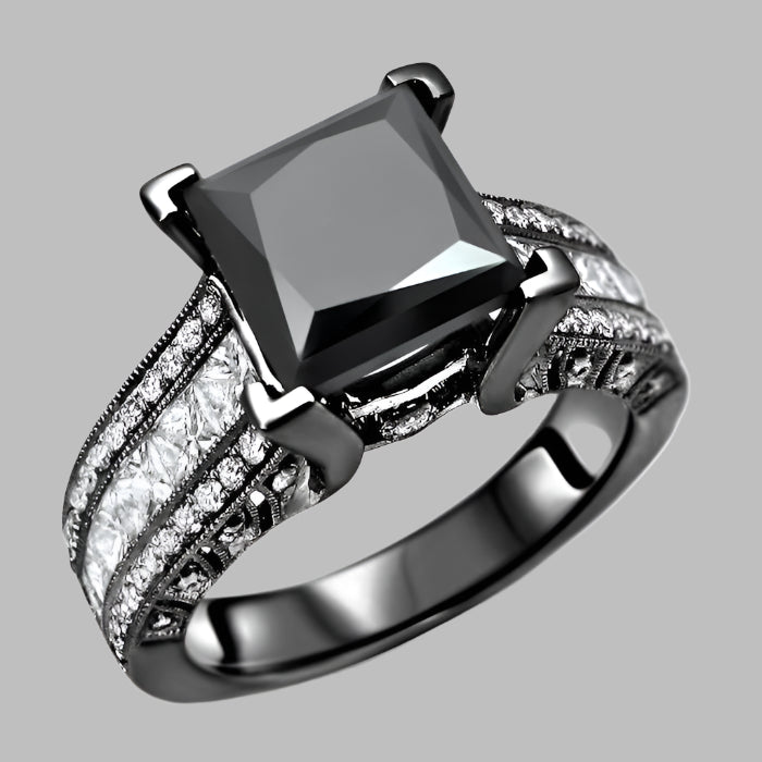 4.50 Carat Black Princess Cut Diamond Engagement Ring 14K Black Gold
