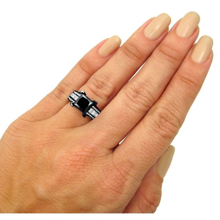 4.50 Carat Black Princess Cut Diamond Engagement Ring 14K Black Gold