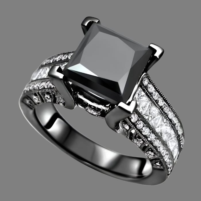 4.50 Carat Black Princess Cut Diamond Engagement Ring 14K Black Gold