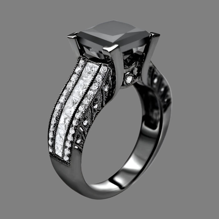 4.50 Carat Black Princess Cut Diamond Engagement Ring 14K Black Gold