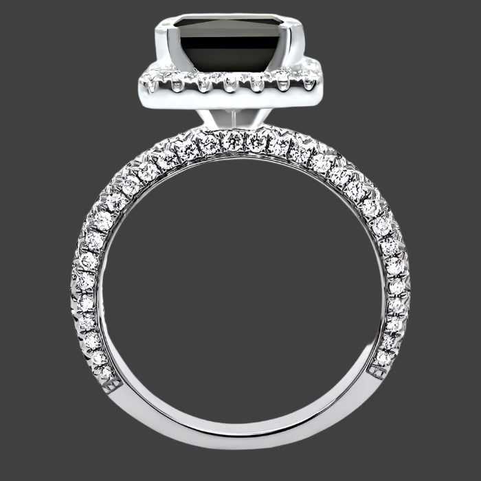 Black Princess Halo Diamond Engagement Ring Bridal Set 14K White Gold