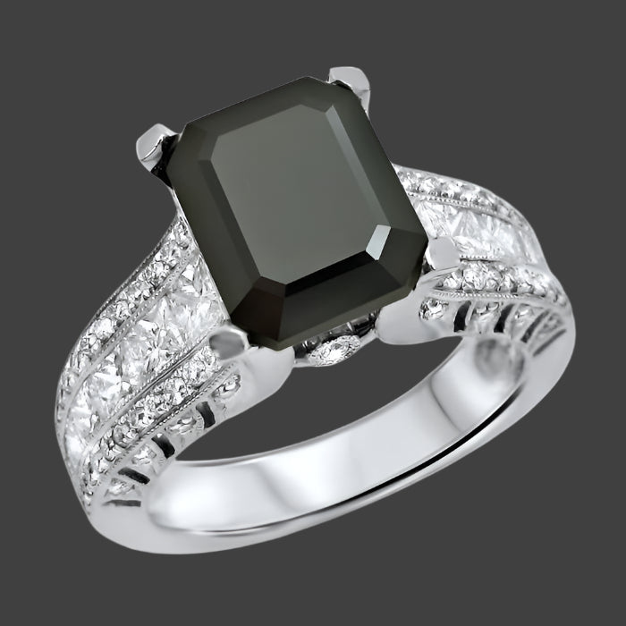 4.70ct Black Emerald Cut Diamond Engagement Ring 18k White Gold