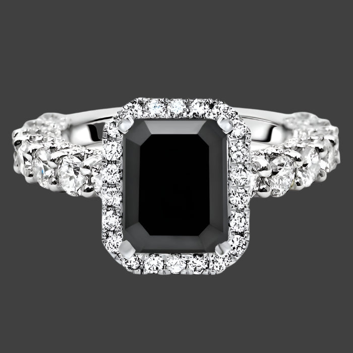 4.80ct Black Emerald cut Diamond Halo Engagement Ring 14K White Gold
