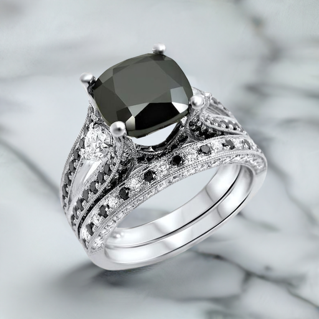 4.80ct Black Diamond Cushion Cut Engagement Ring Bridal Set 14k White Gold