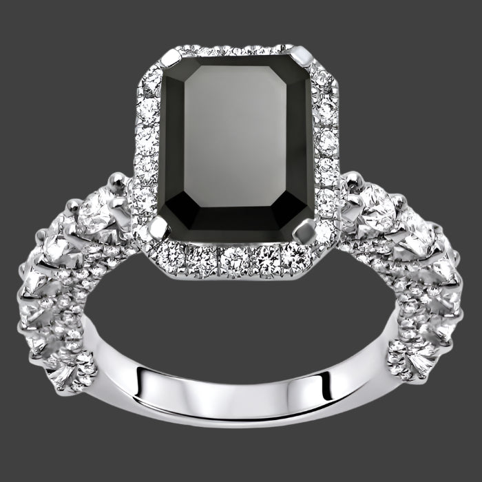 4.80ct Black Emerald cut Diamond Halo Engagement Ring 14K White Gold