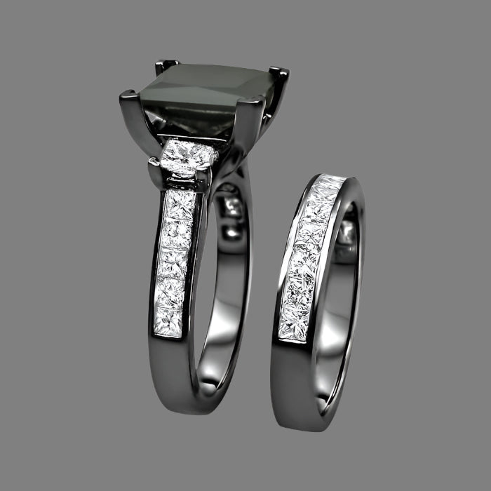 4.90 Carat Black 3 Stone Princess Cut Diamond Engagement Ring Bridal Set 14K Black Gold