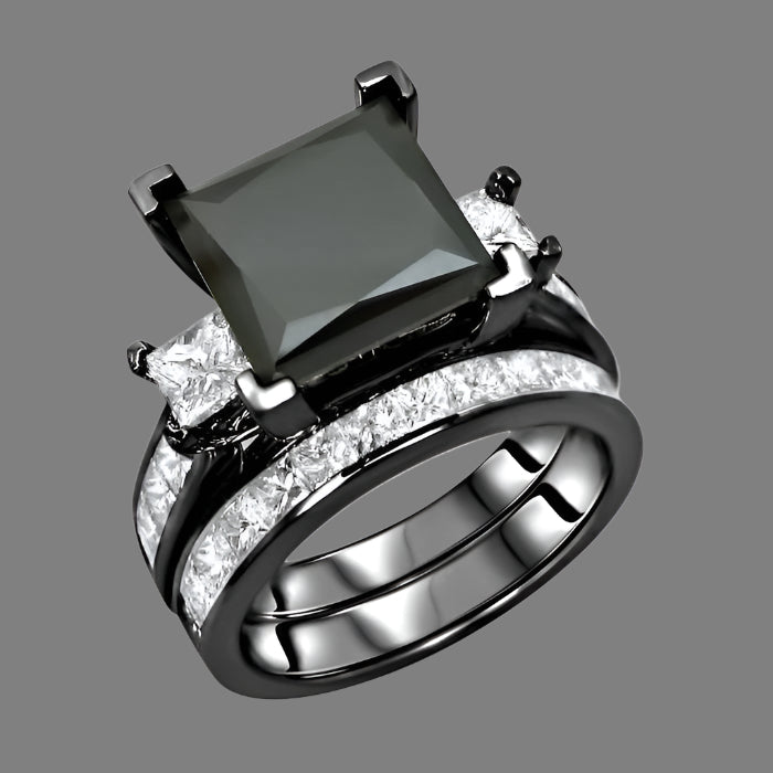 4.90 Carat Black 3 Stone Princess Cut Diamond Engagement Ring Bridal Set 14K Black Gold
