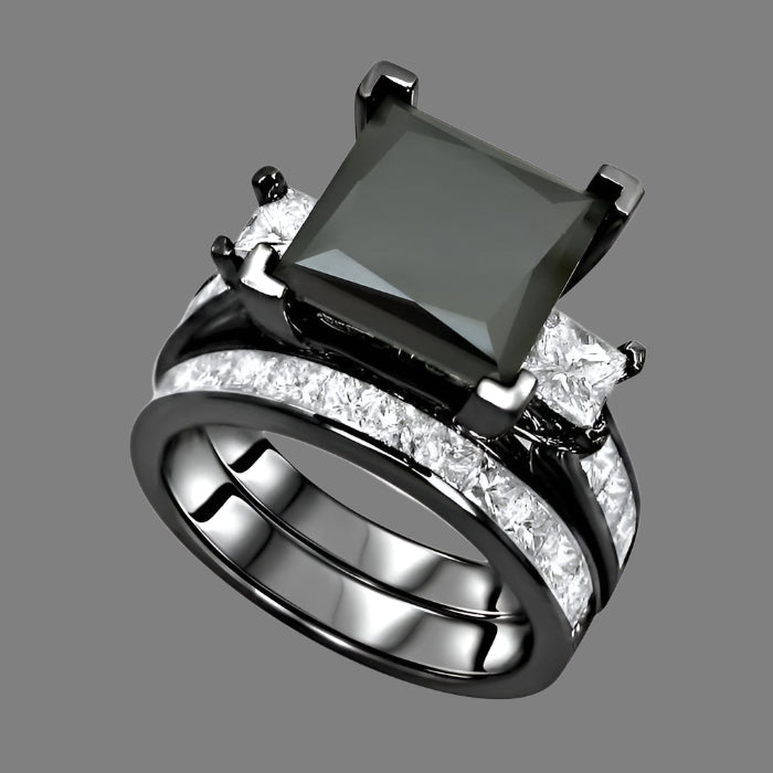 4.90 Carat Black 3 Stone Princess Cut Diamond Engagement Ring Bridal Set 14K Black Gold