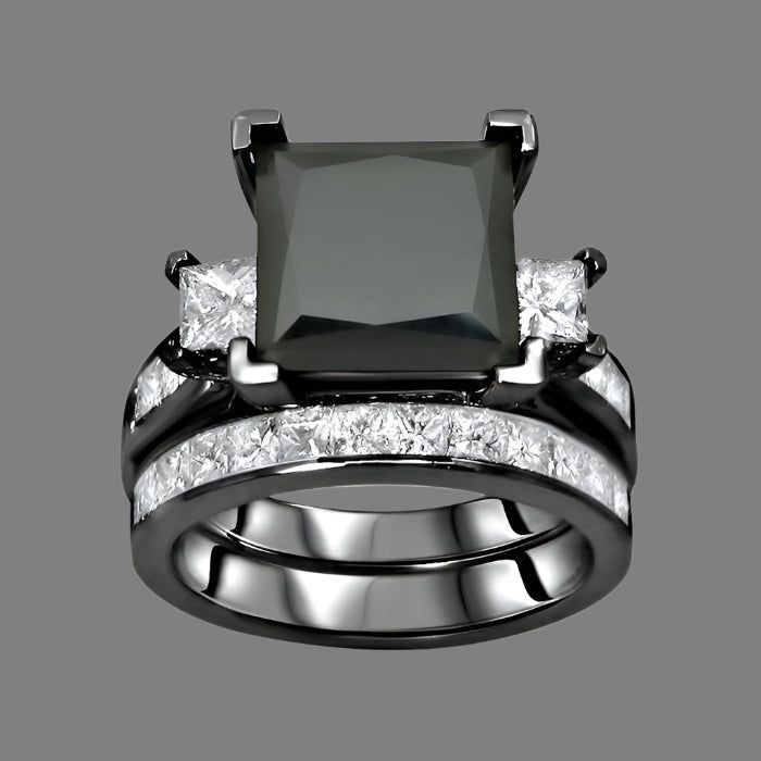 4.90 Carat Black 3 Stone Princess Cut Diamond Engagement Ring Bridal Set 14K Black Gold
